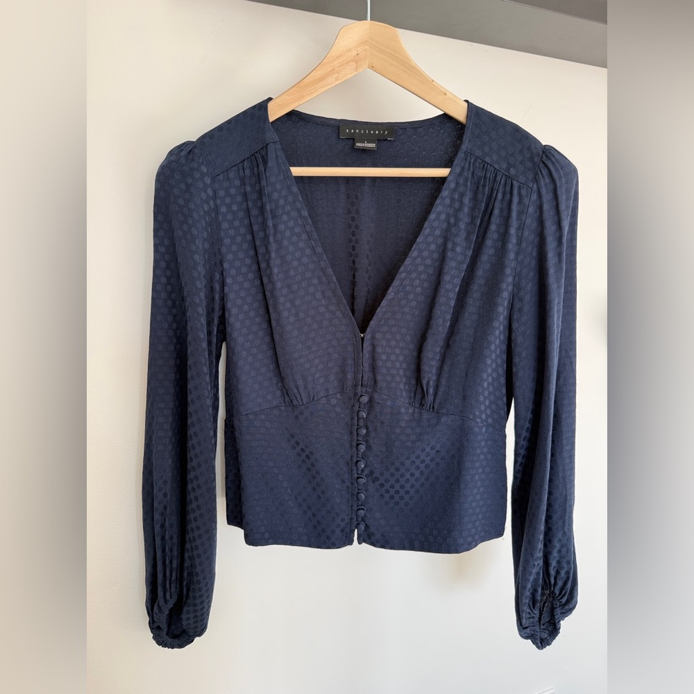 Sanctuary Navy Blue Polka Dot Textured Blouse Button Front Size Small